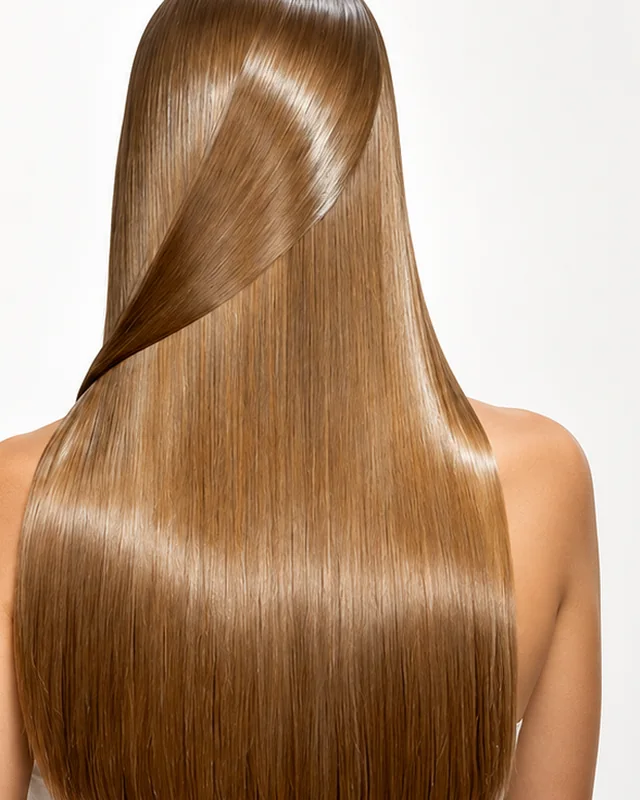 Cabello largo, liso y brillante en la pantalla de un portátil: alisado brasileño para marca propia