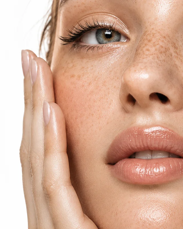 Modelo con piel luminosa y pecas en la pantalla de un portátil: cuidado de la piel para marca propia