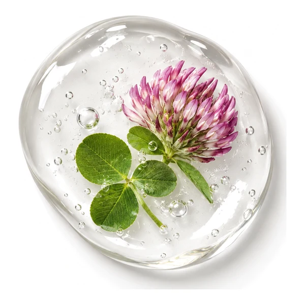 Caída & Anclaje: gel transparente con flor de trébol rojo, identidad de la línea
