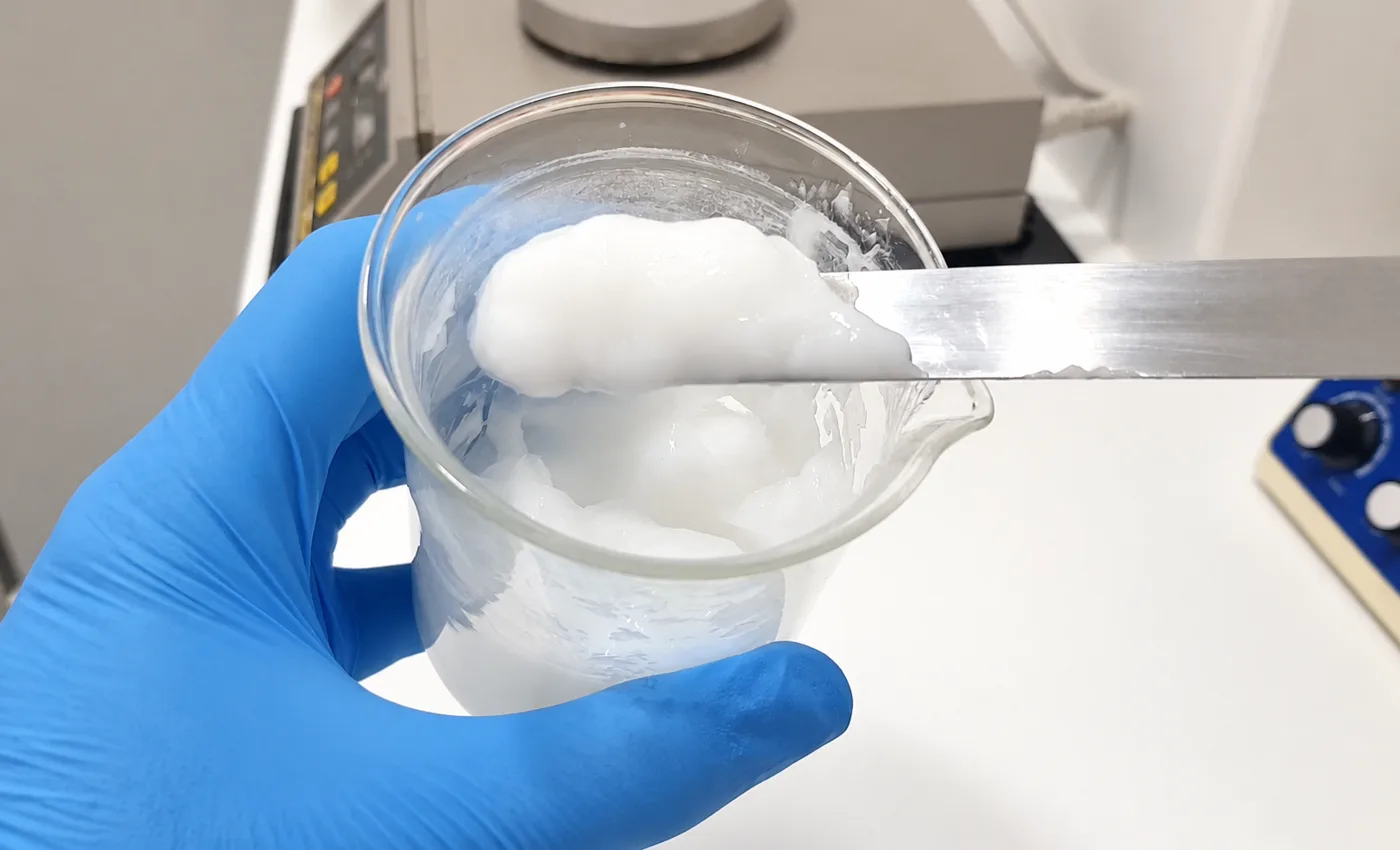 Técnica trabajando una base cosmética en el laboratorio de la fábrica